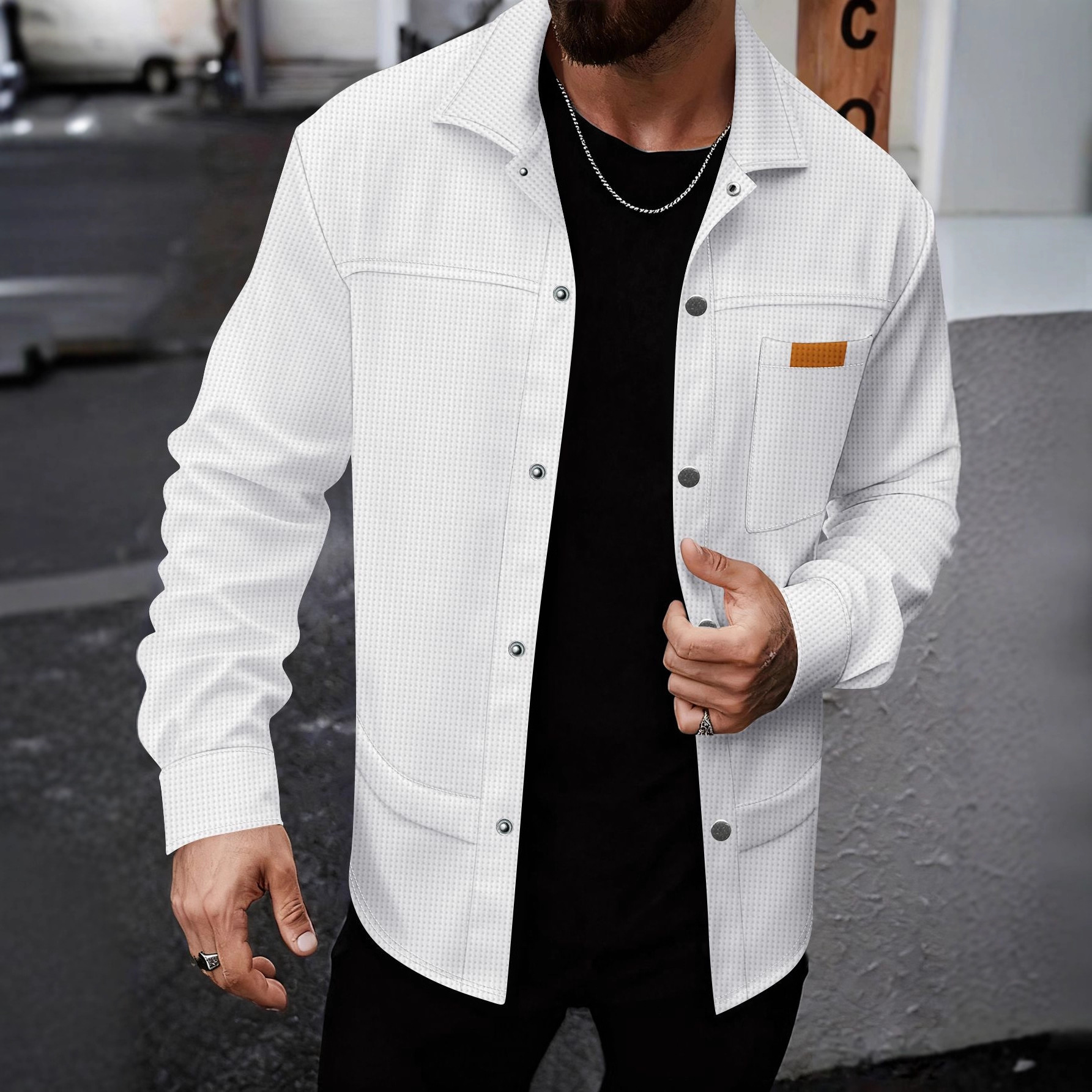 Solid-color Lapel-pocket Button-front Workwear Casual Long-sleeved Shirt photo 8