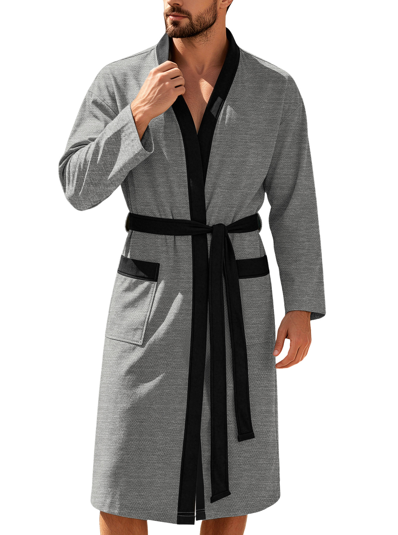 Mens Twill Terry Cloth Casual Long Robe With Two Pockets And Drawstring Tie photo 6