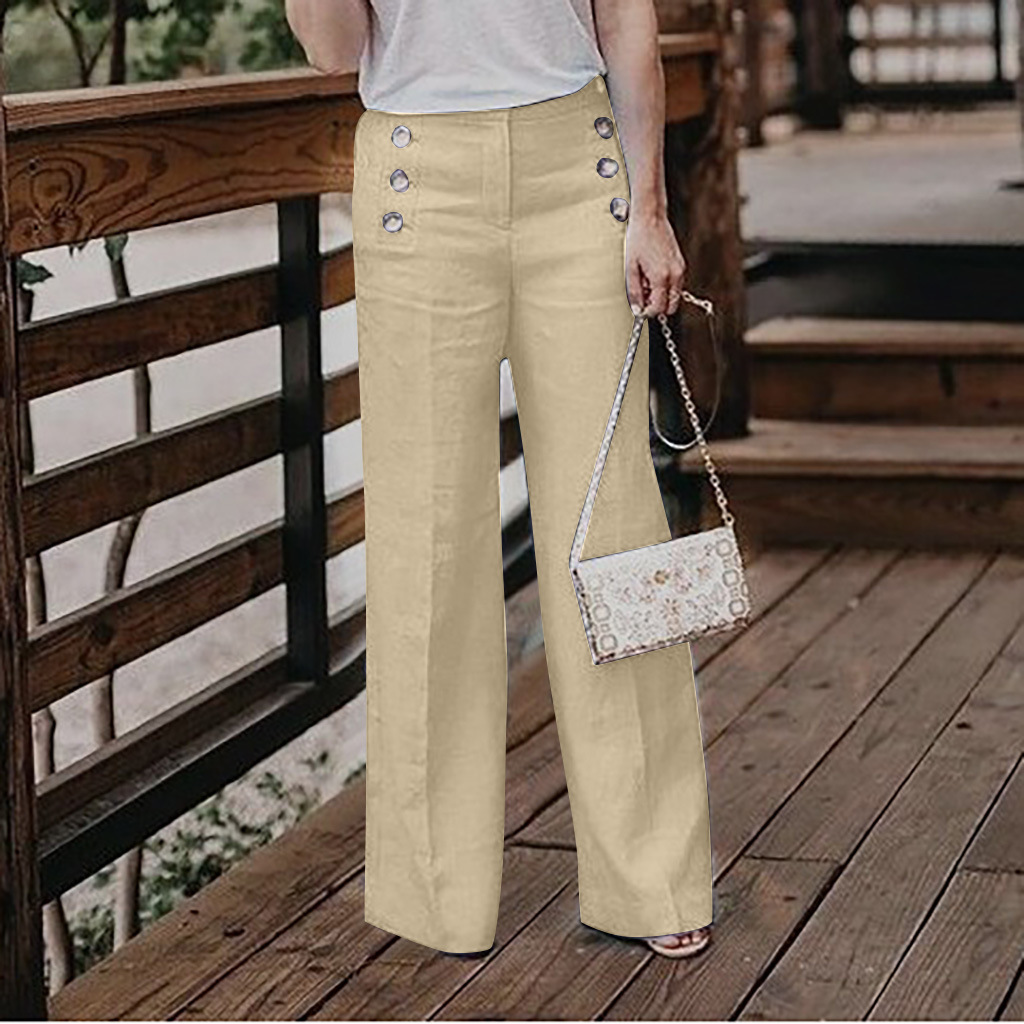 Women's High-Waisted Casual Cotton-Linen Wide-Leg Pants With Buttons photo 4