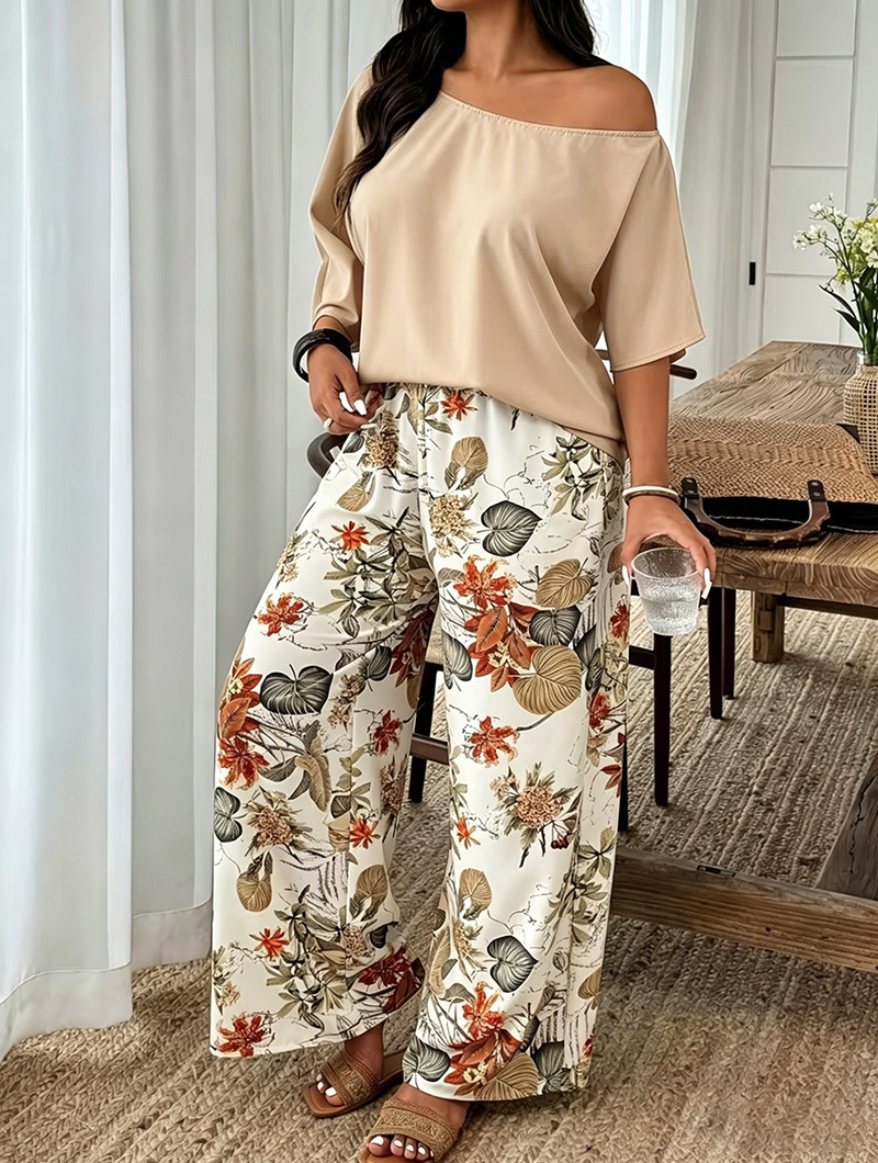 Casual Womens Set Featuring Plant And Floral Print Wide-leg Pants photo 2