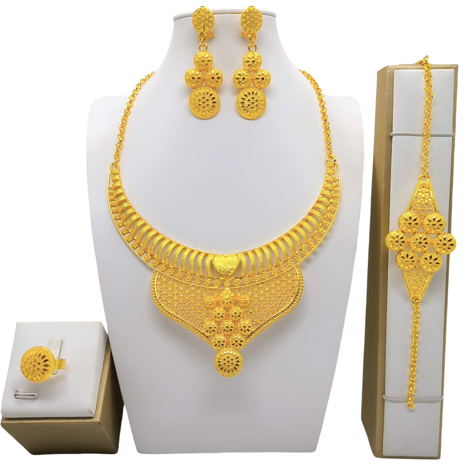 24K Gold Jewelry Suit Necklace Bracelet Earrings Four-piece Ring Set photo 1