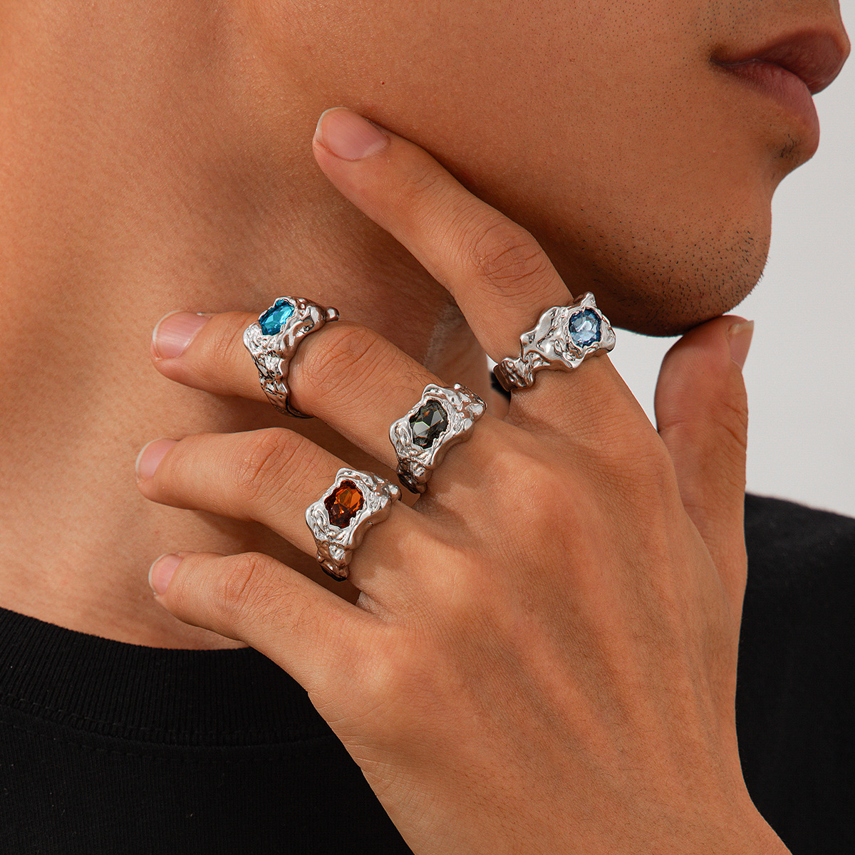 European And American Fashion Cool Pleated Lava Metal Gemstone Ring For Men photo 2