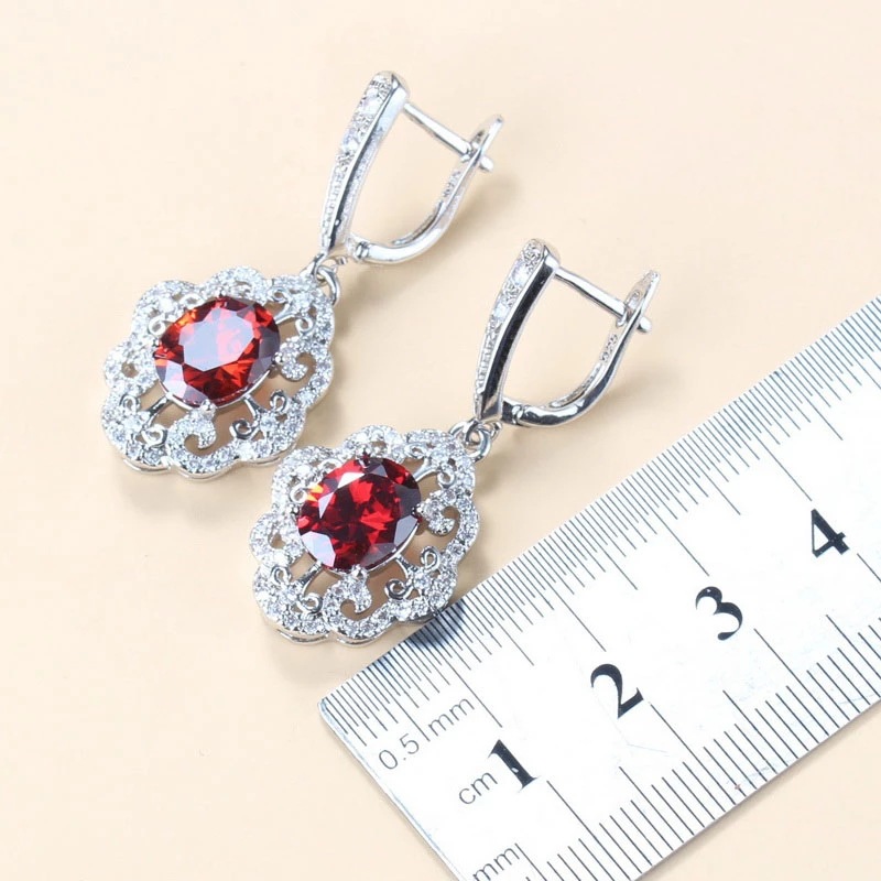 Garnet Cubic Zirconia Earrings Pendant Necklace Bracelet Ring Gift 4 PCs Set photo 3