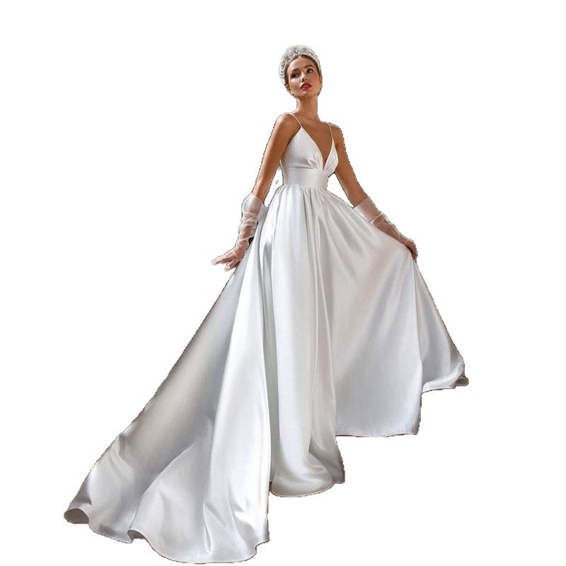 European And American-style Deep V-neck Strap Satin Light Wedding Dress photo 4