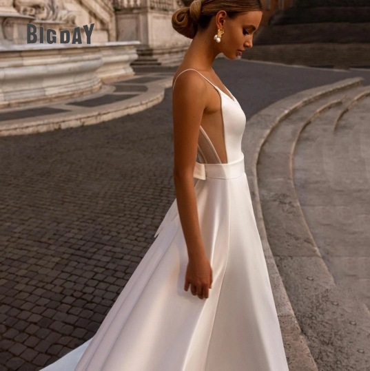 Simple Deep-V Strap Satin Wedding Dress photo 4