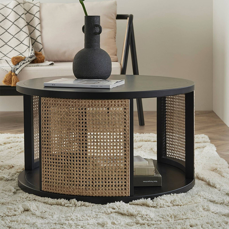 Solid Wood Double-layer Rattan Tea Table photo 5