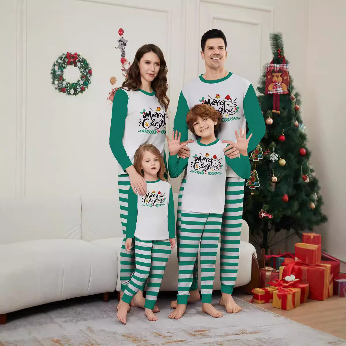 Parent-Child Christmas Suit Blue And White Striped Letters photo 1