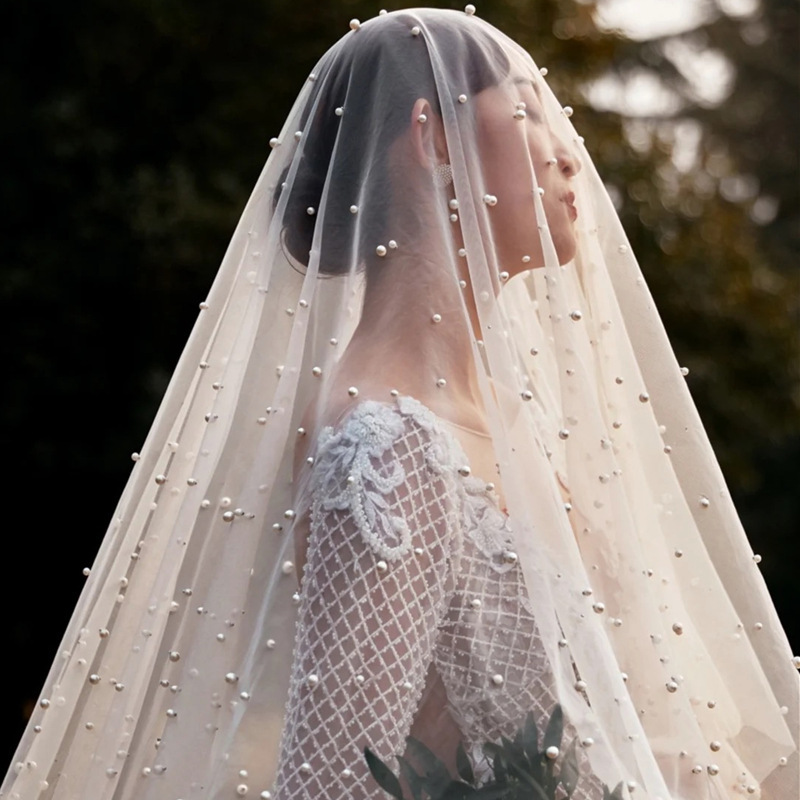 French Style Vintage Pearl Bridal Hair Accessory - Wedding Tulle Veil Headpiece for Brides photo 2