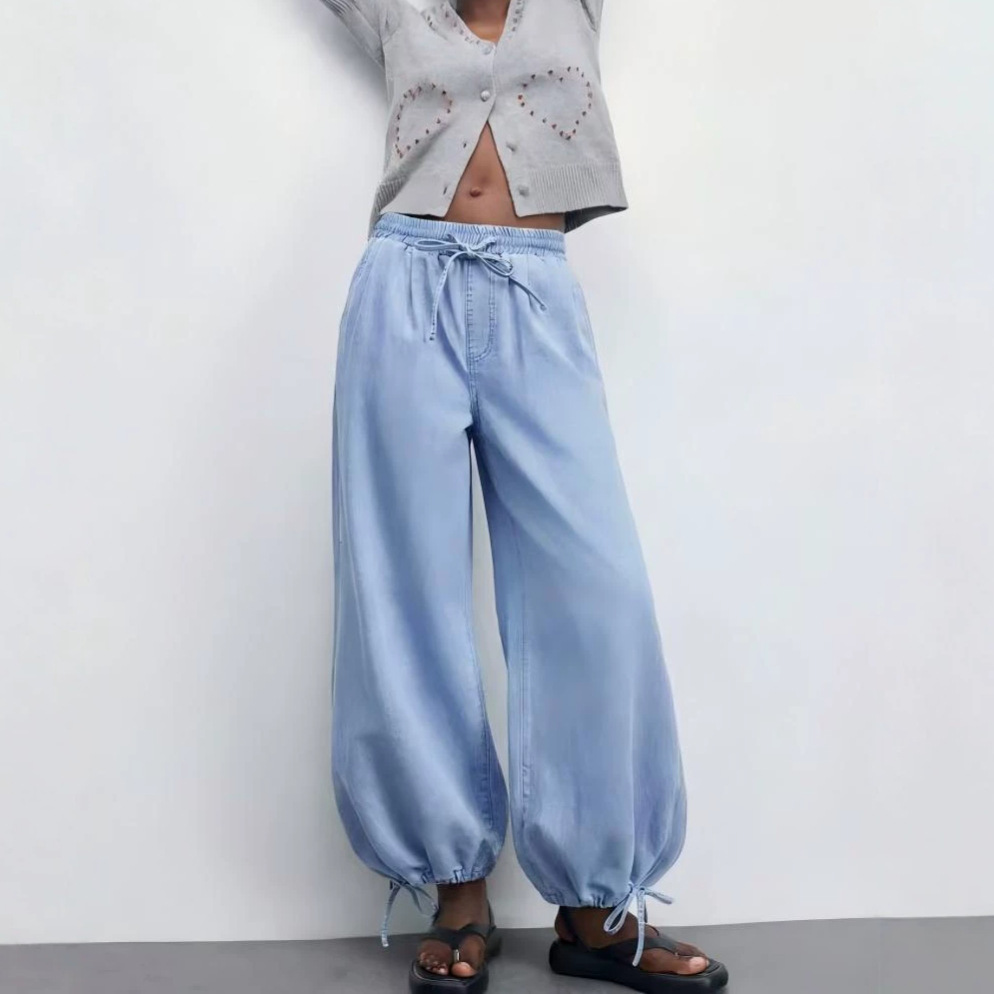 Draping Wide-leg Washed Denim Pants With A Drawstring Elastic Waist And Ankle Cuffs photo 3