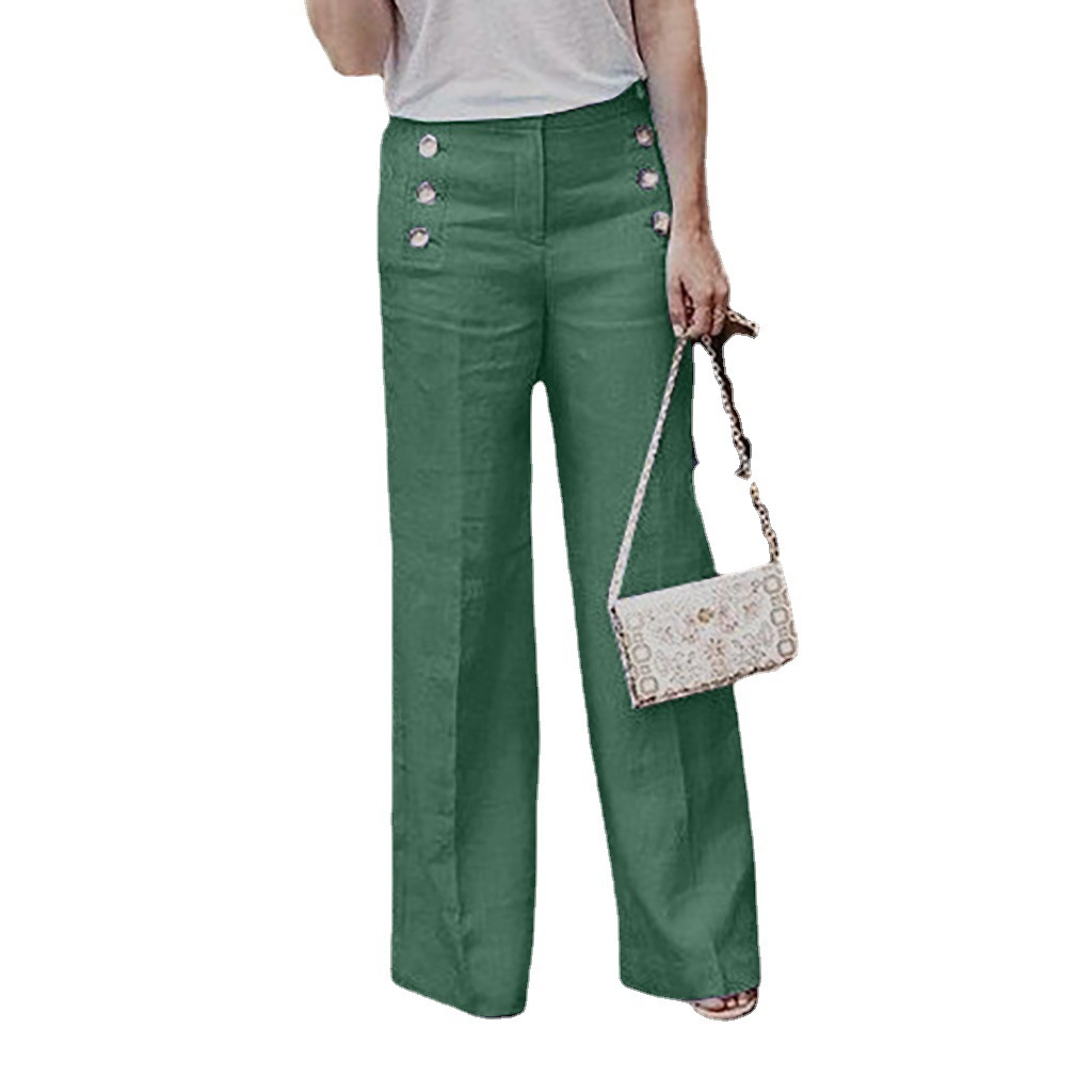 Women's High-Waisted Casual Cotton-Linen Wide-Leg Pants With Buttons photo 3