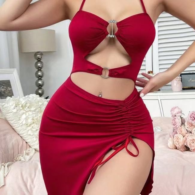 Womens Halter-Neck Slim-Fit Split Dress With Drawstring photo 1