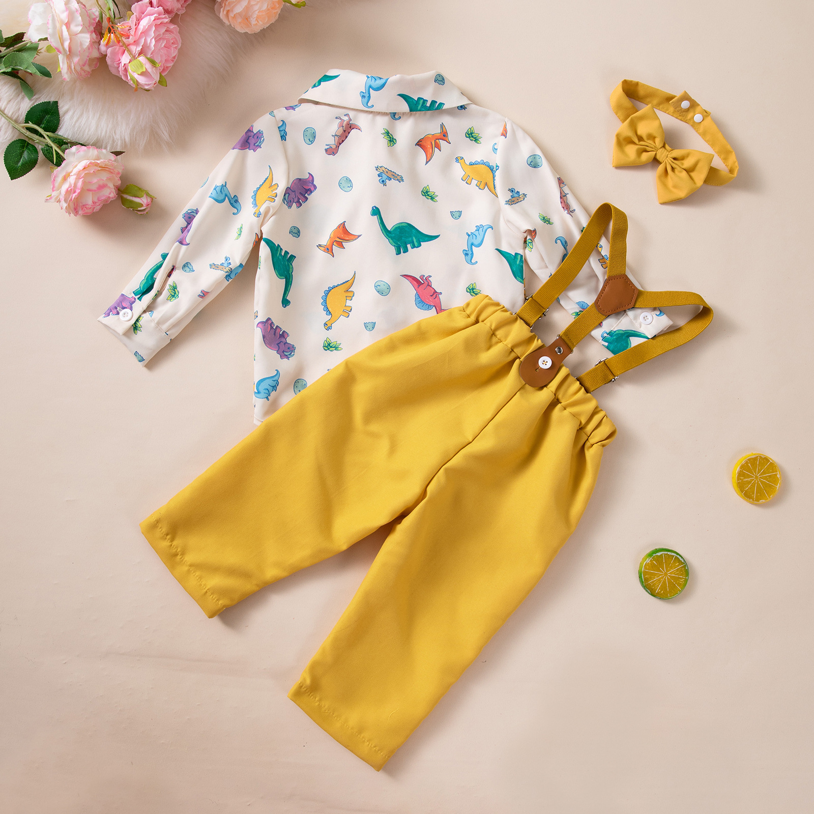 Gentlemans Outfit For Boys Dinosaur-print Shirt With Yellow Suspender Trousers And Bow Tie photo 2