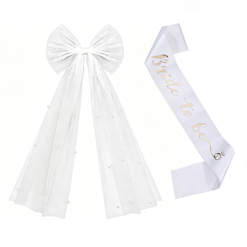 Bridal Veil With Pearl Bow Hair Clip And Gold-stamped Sash Set For Bachelorette Parties photo 5