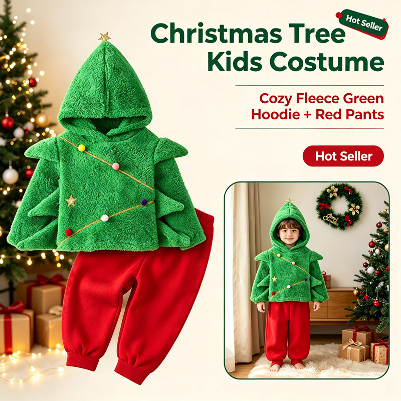 Children's Christmas Tree Costume Set Christmas Party Cosplay Outfit photo 3