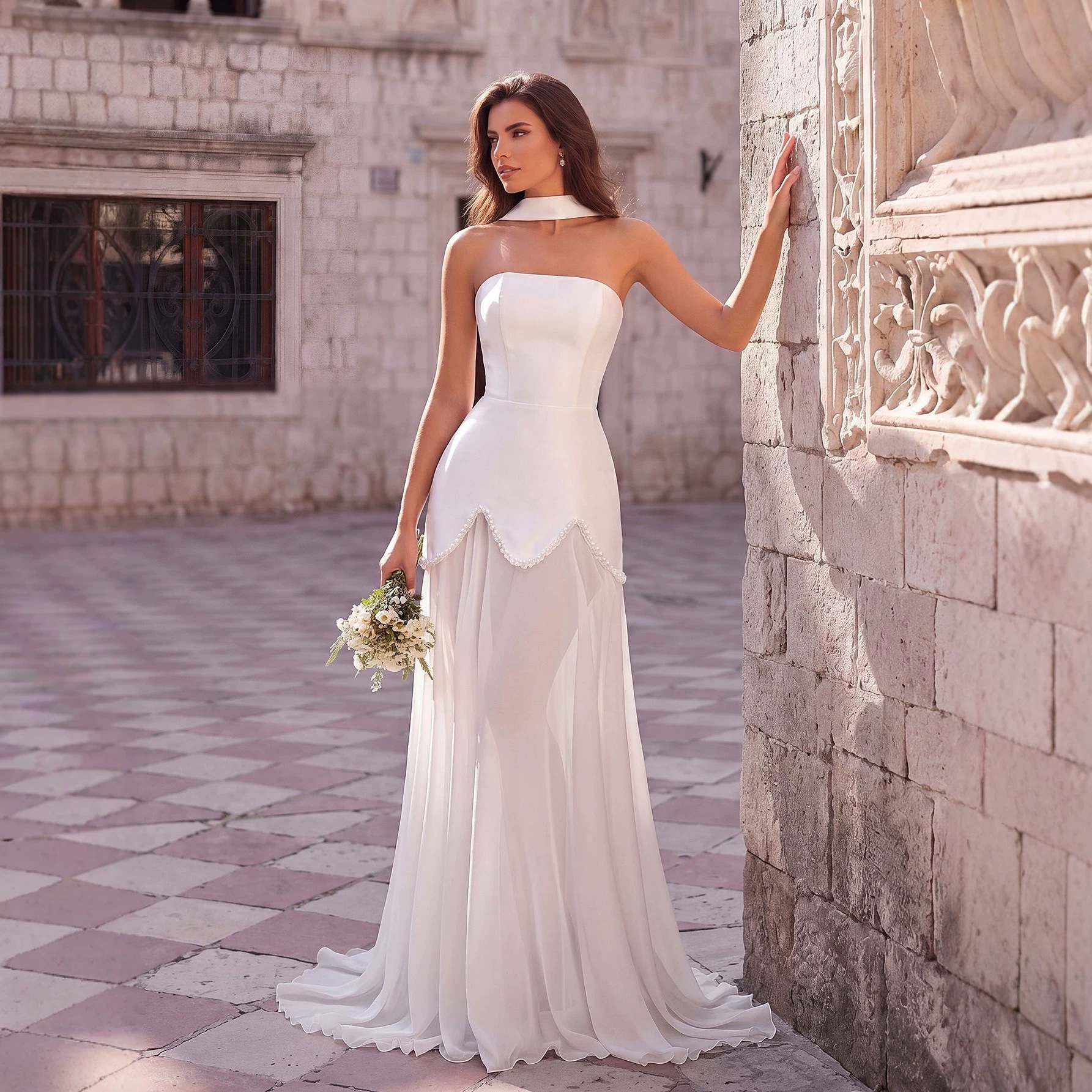 European And American-style Halter-neck Strapless Satin Light Wedding Dress With A Trailing Train photo 6