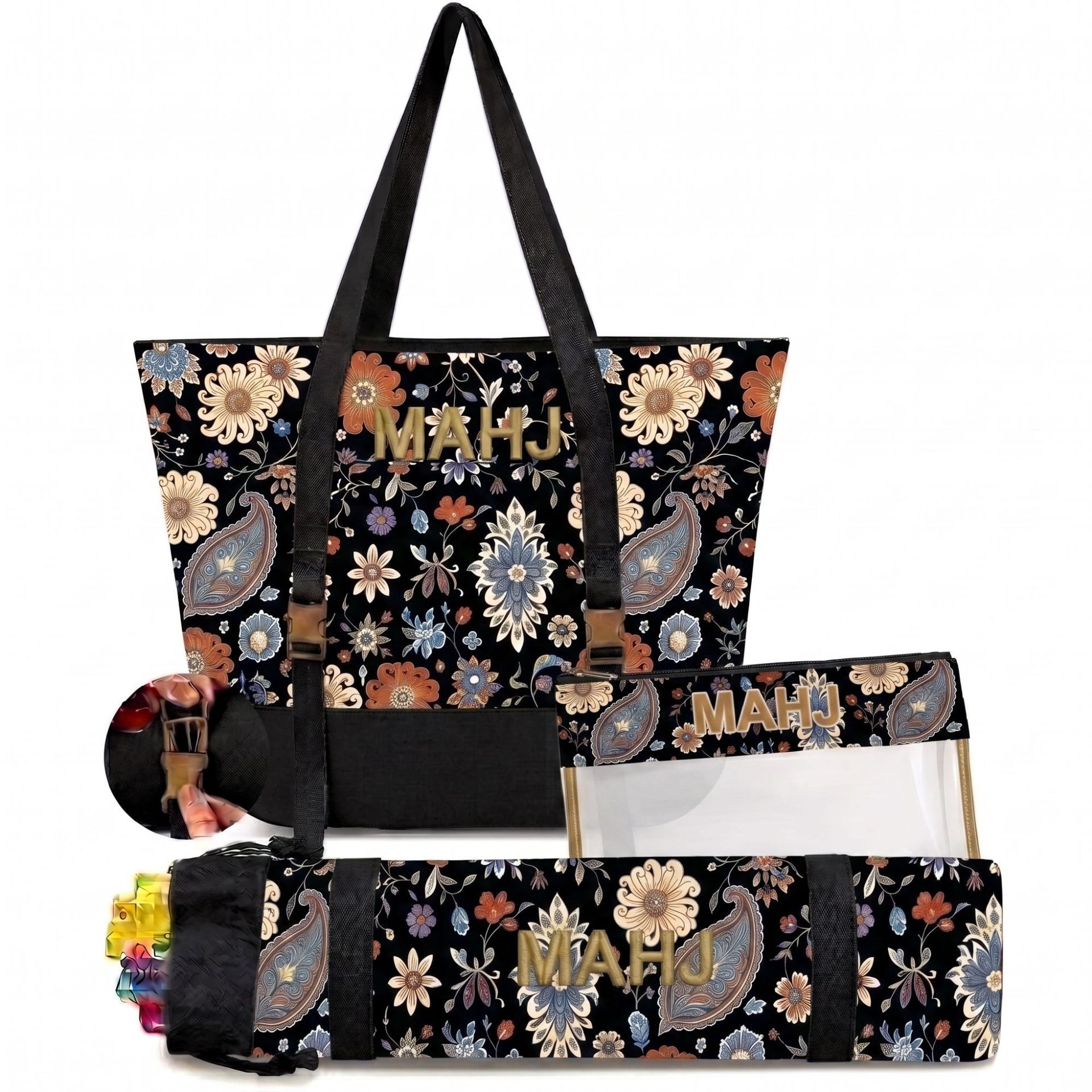 Retro Paisley Floral Embroidered Mahjong Storage Three-Piece Makeup Bag Set photo 7
