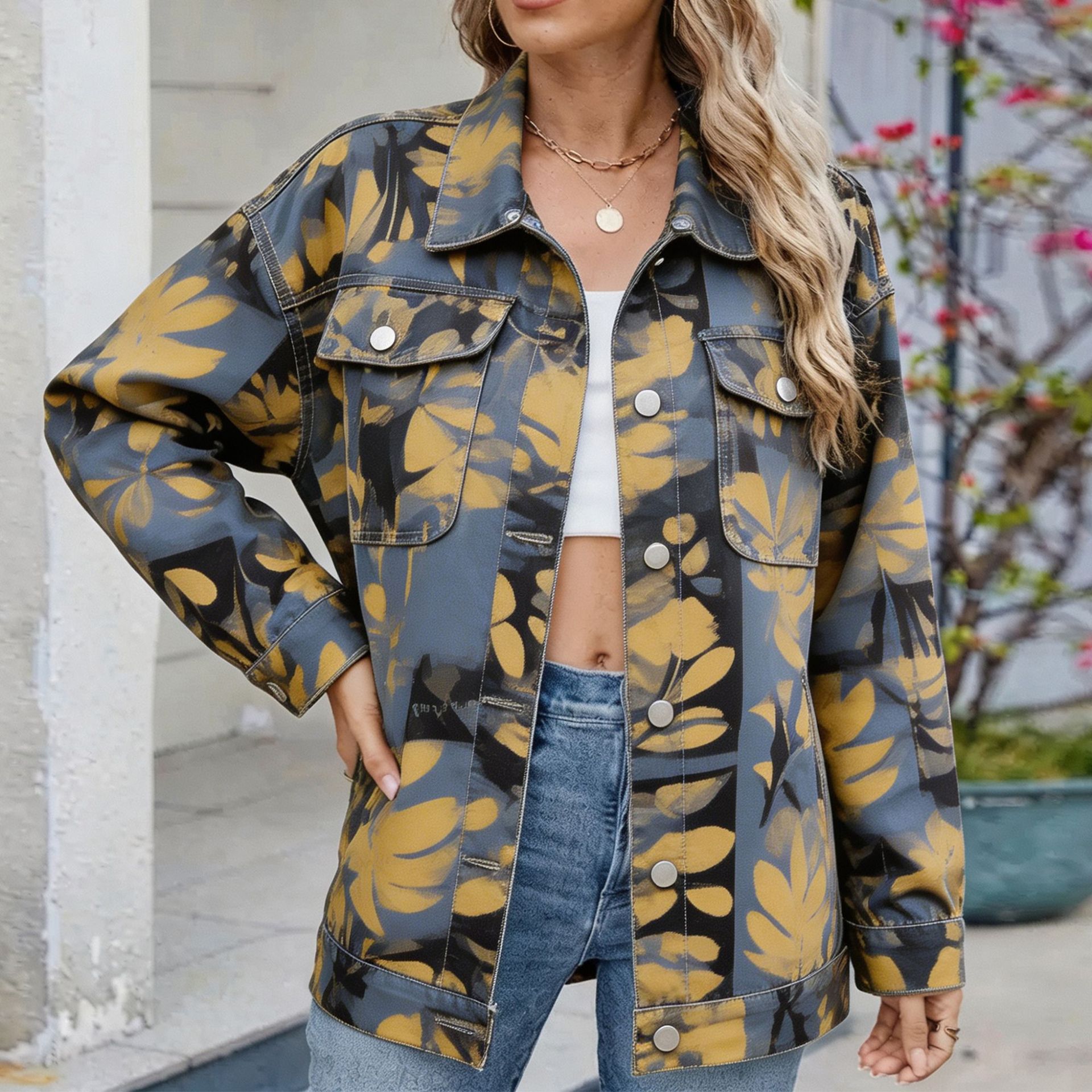 Women's Denim Jacket With All-Over Plant Print photo 7