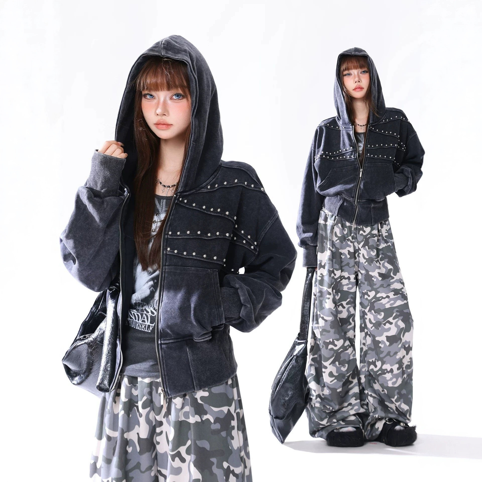 Vintage Distressed Waist-cinched Hooded Sweatshirt Versatile Womens Jacket photo 7