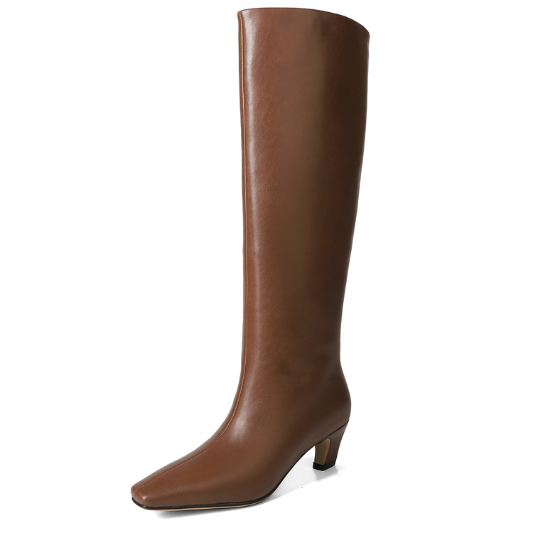 French Minimalist-style Square-toe Kitten-heel Over-the-knee Straight-leg Leather Booties photo 7