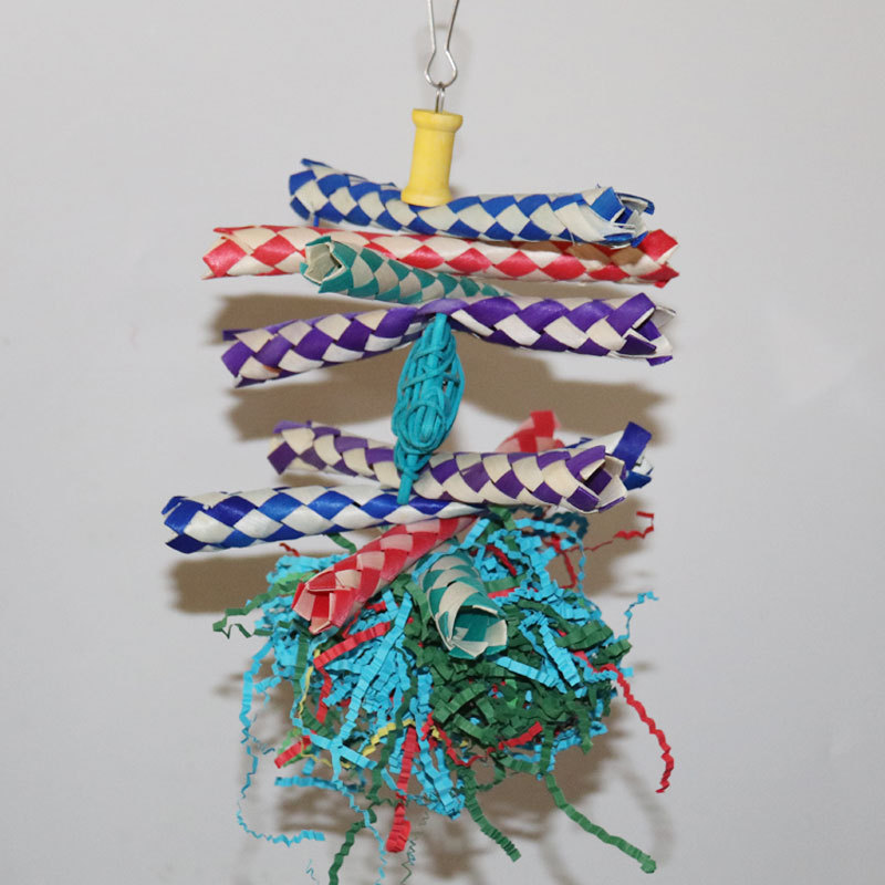 Colorful Shredded Paper And Rattan Weaving Wooden Gnawing Bird Cage Decoration photo 1