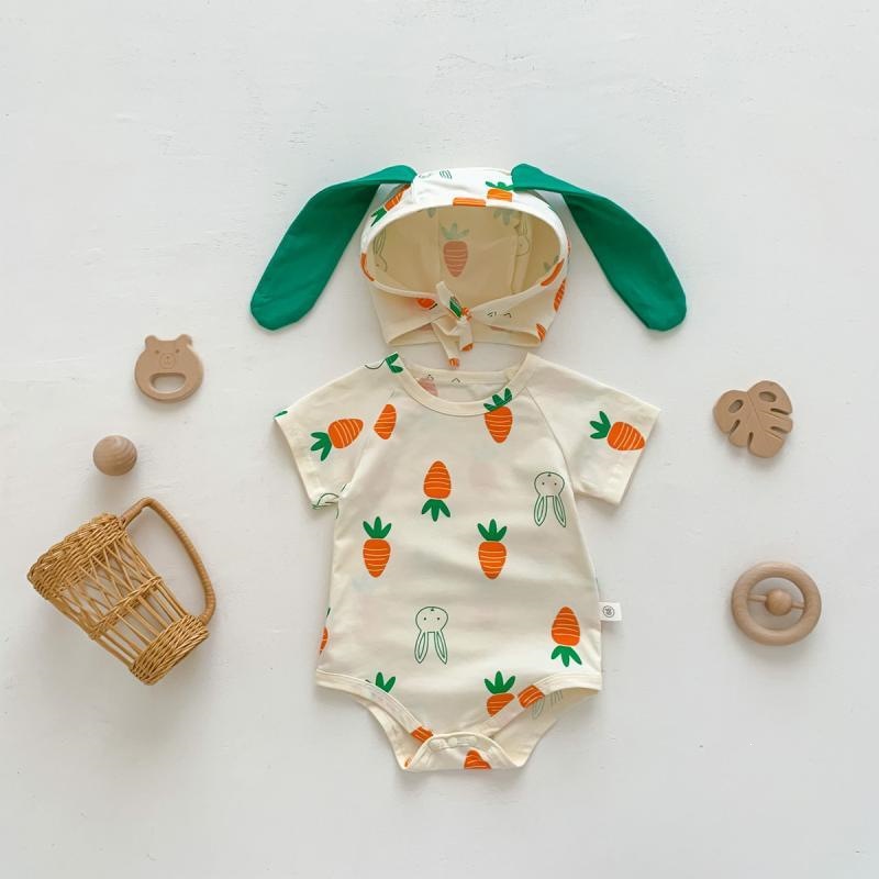 Baby Girl Bunny Short Sleeve Thin Hooded Triangle Romper Onesie Spring Clothes photo 1