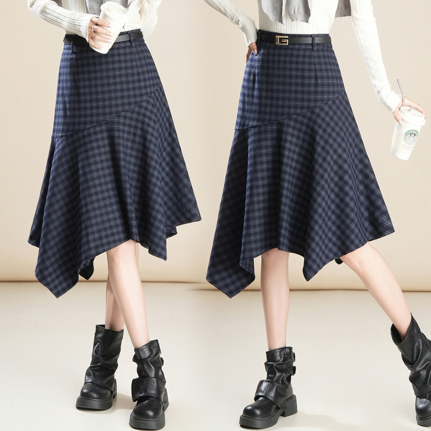 Wool Plaid Irregular Hem High Waisted Skirt - Women's Asymmetric A-Line Mini Skirt for Autumn Winter Casual Wear photo 3