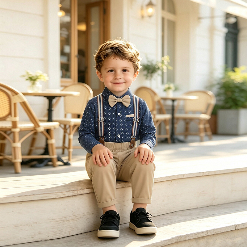 Long-sleeve Bow Tie Overalls Chic Boys Outfit photo 5