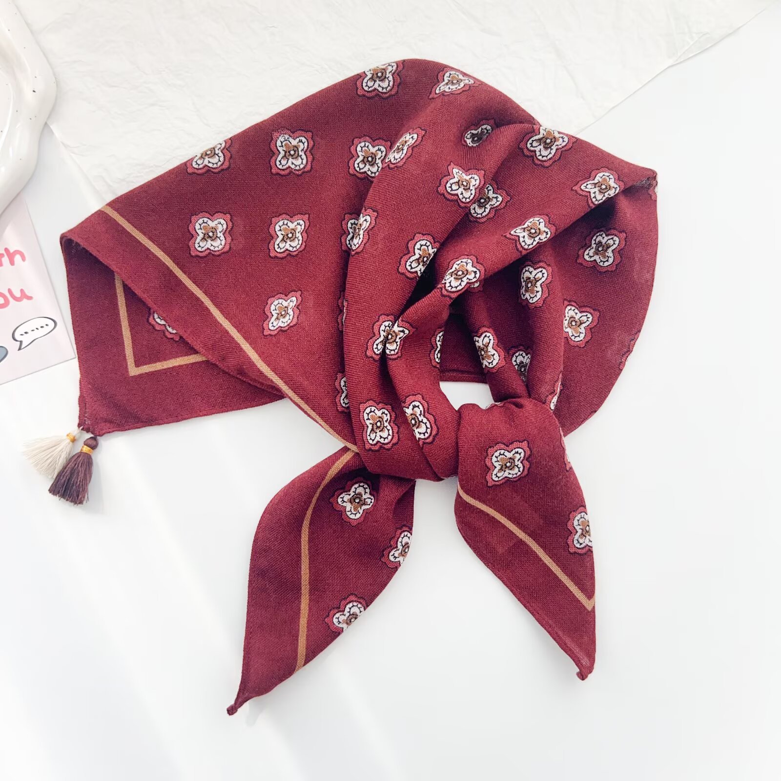 Vintage Geometric Small Flower Tassel Womens Scarf photo 2