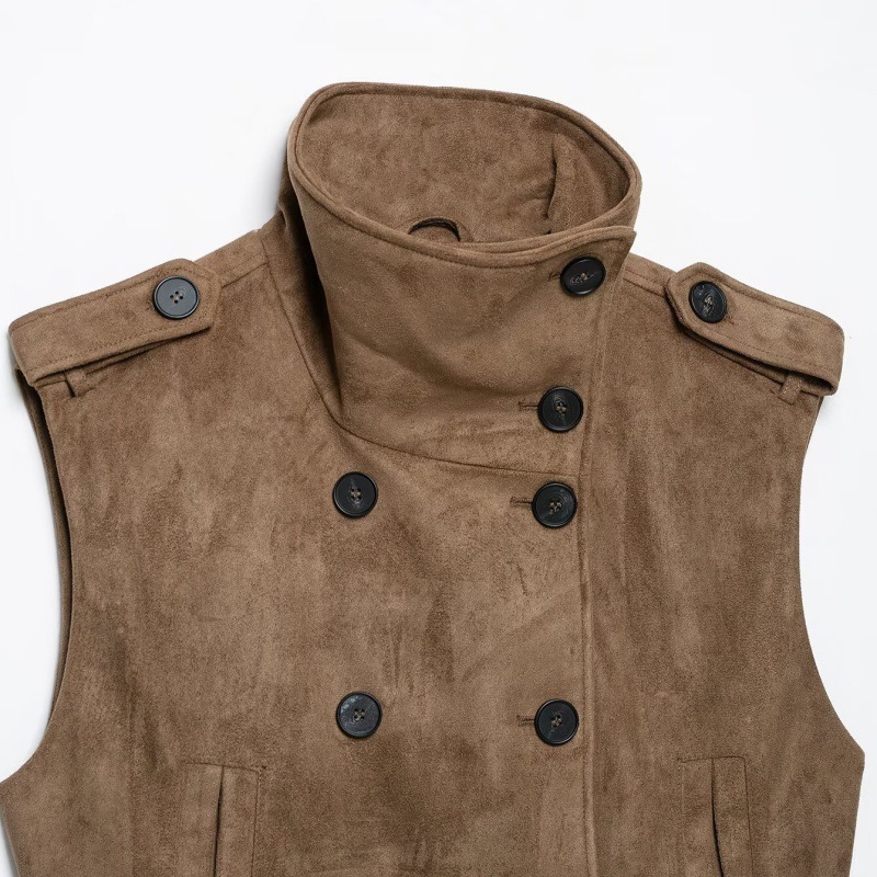 Autumnal Maillard-style Stand-collar Suede Vest With Belt photo 5