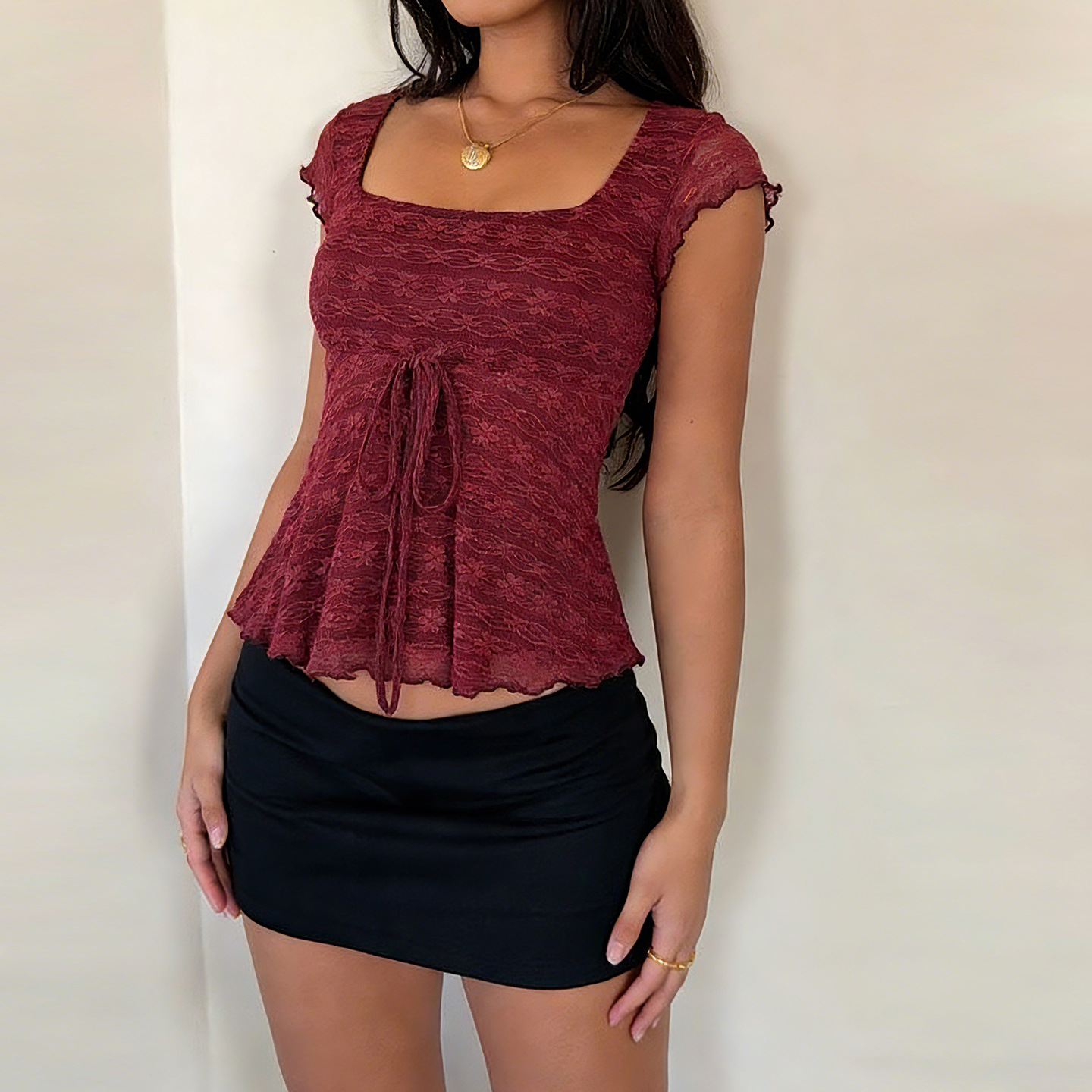 Women's Red Wood Ear Lace-Trimmed Square-Neck Sleeveless Top photo 6
