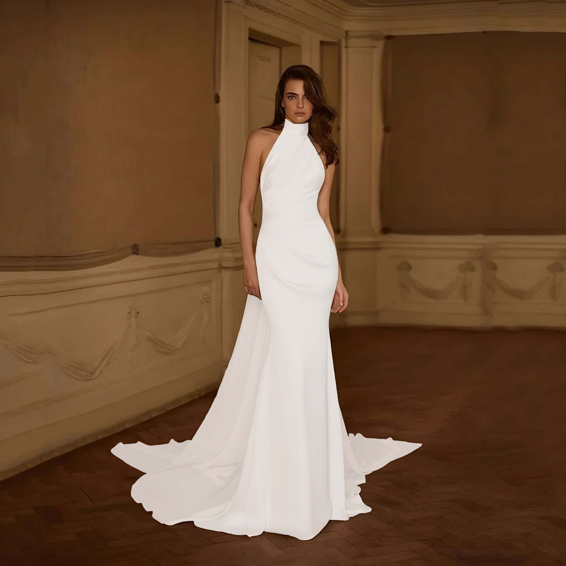 Satin Halter Neck Wedding Dress - Backless Sleeveless Bridal Gown For Ceremony photo 4