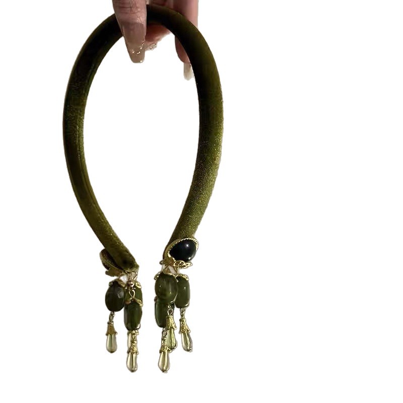 Retro French-style Olive-green Hairband With Tassels That Flatters The Complexion photo 5