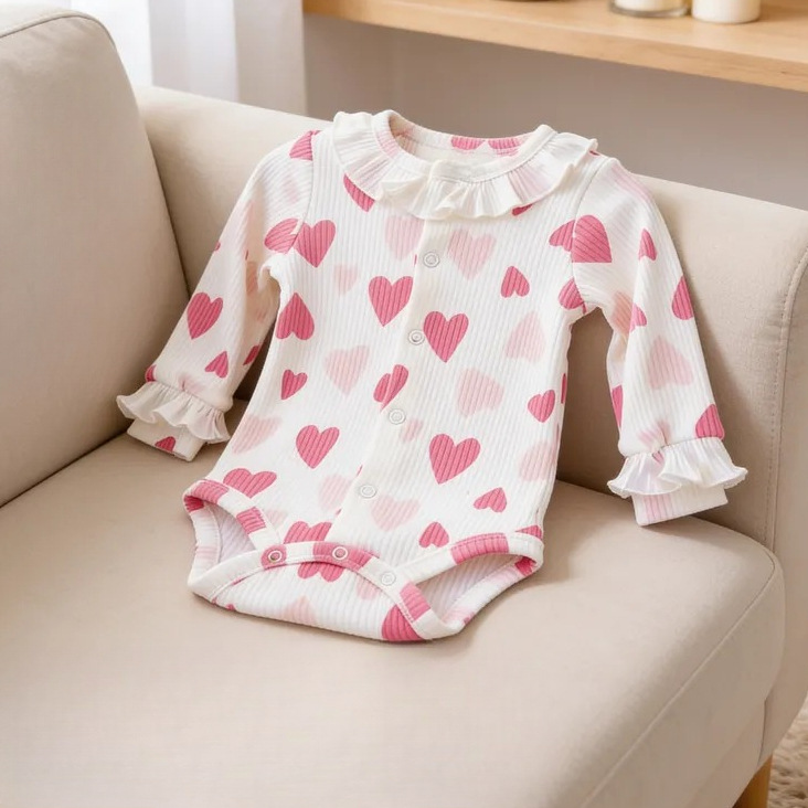 Baby Girl Cotton Ribbed Romper With Heart Print photo 4