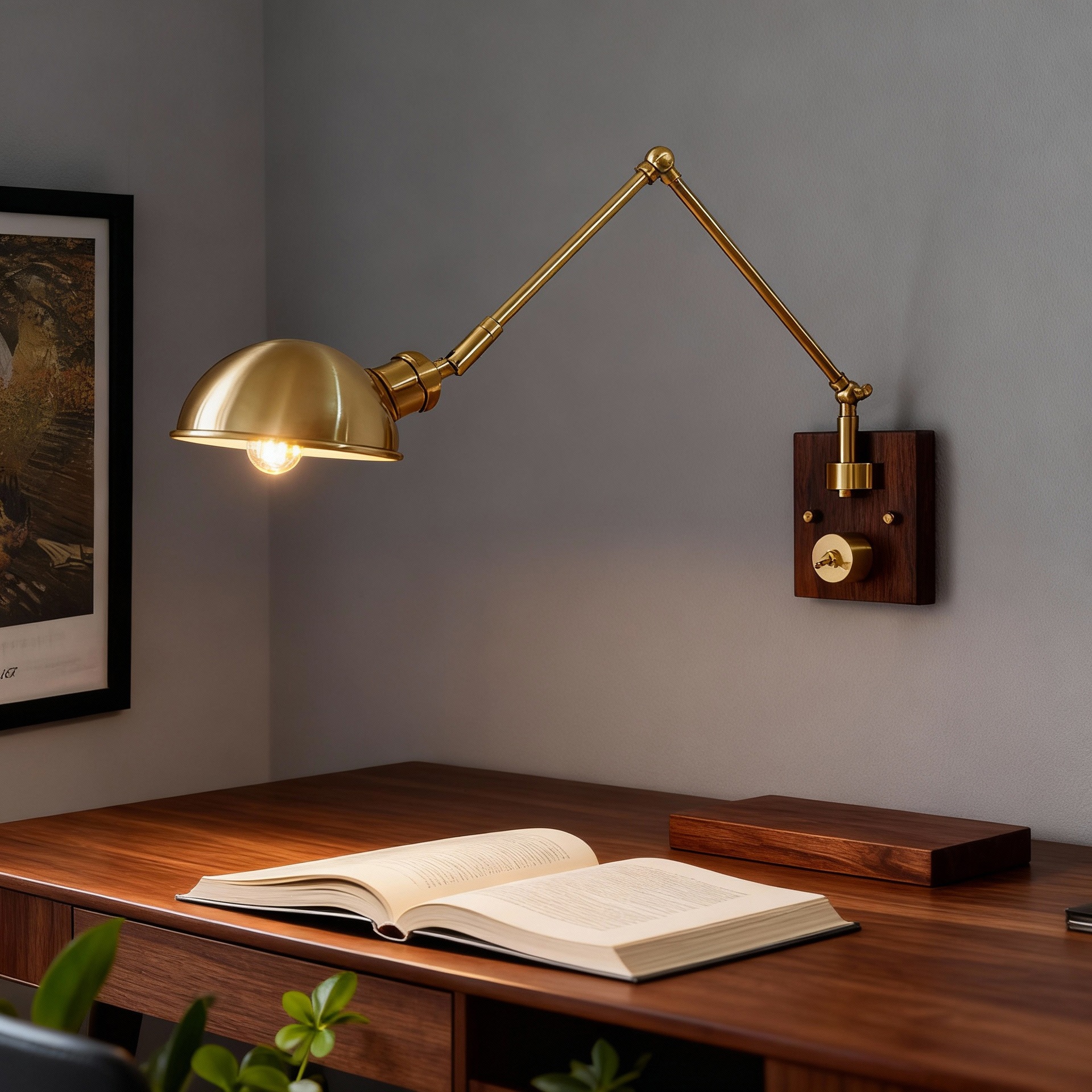 Vintage Brass And Walnut Long-arm Adjustable Lamp With Switch photo 8