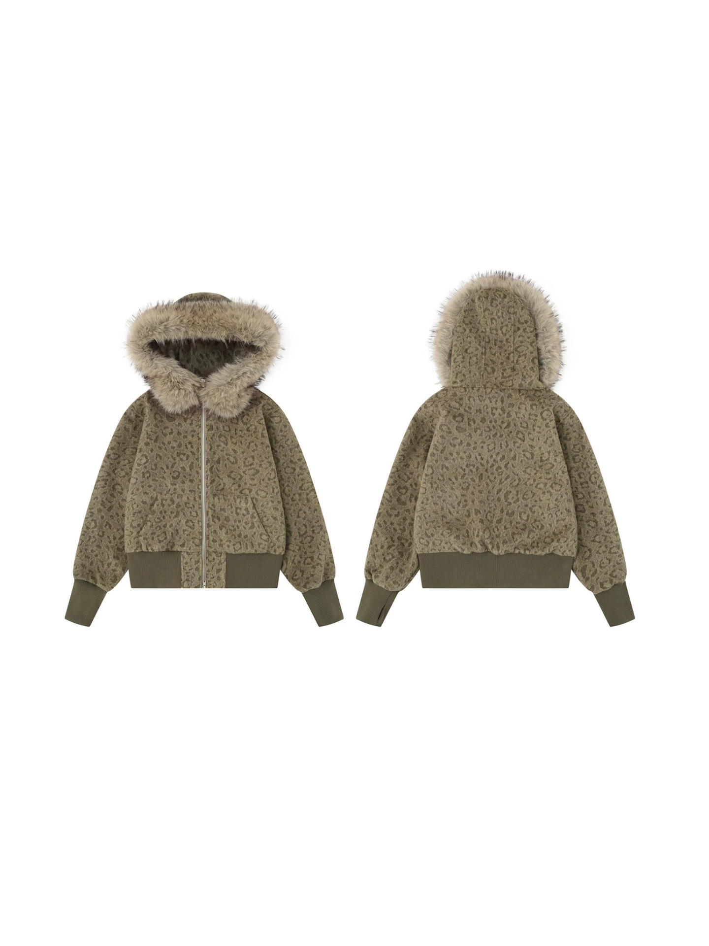 Maillard Brown Leopard-print Large Fur-hooded Coat photo 4