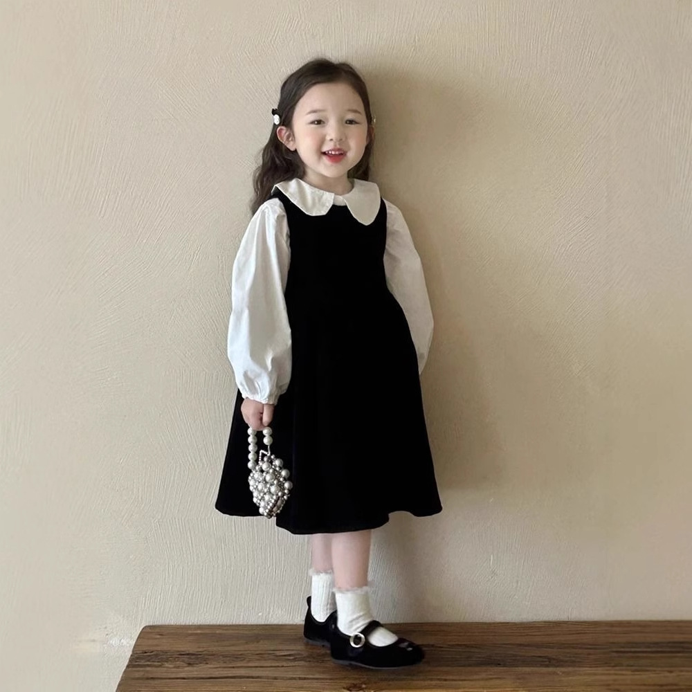 Children's Doll-collar Shirt And Black Vest Dress Set photo 4