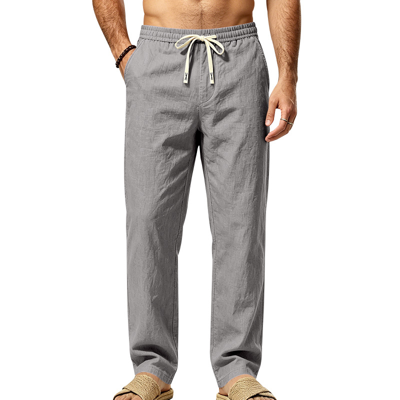 Mens Straight Leg Solid Color Casual Linen Pants With Drawstring And Elastic Waist photo 7