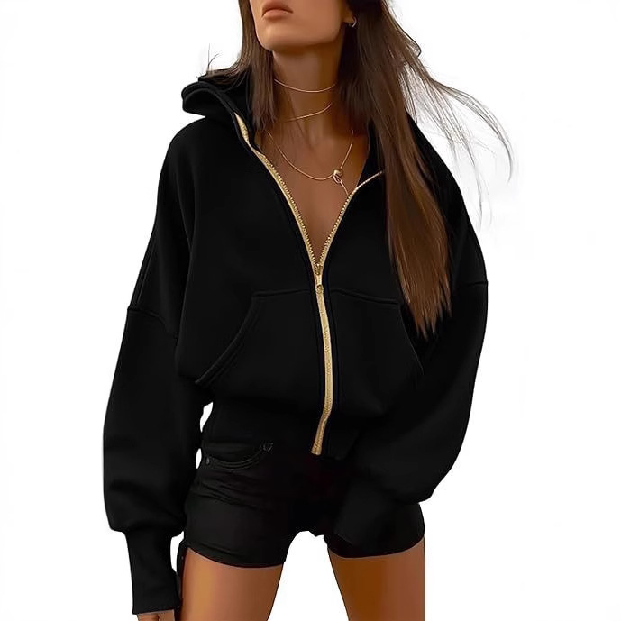 Women's Zip-Up Hooded Long-Sleeved Short Hoodie Jacket photo 7