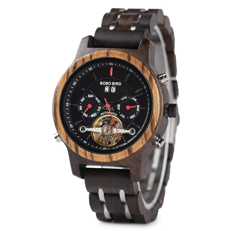 Business Flywheel Mechanical Multi-function Wooden Watch photo 5