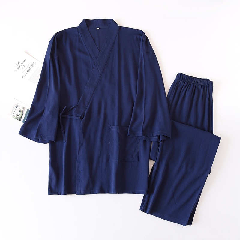 Japanese-style Solid-color Mens Kimono Pajamas, Cotton-linen Drawstring Homewear Set photo 5