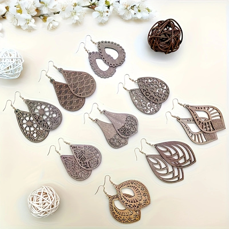 Wooden Vintage Hollow Carved Pattern Pendant Earring Set photo 6