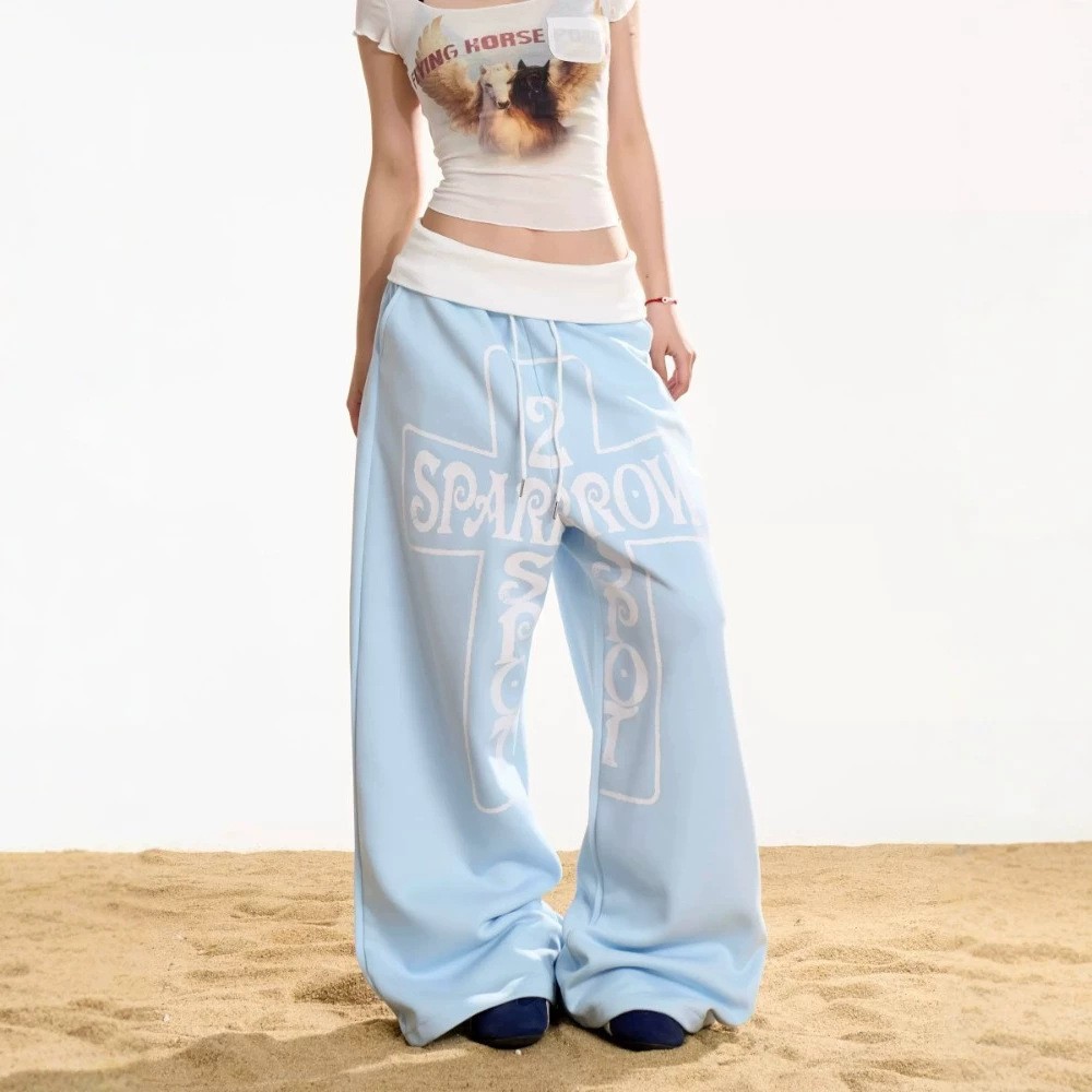 Vintage Letter Print Drawstring Wide Leg Cotton Sweatpants photo 3