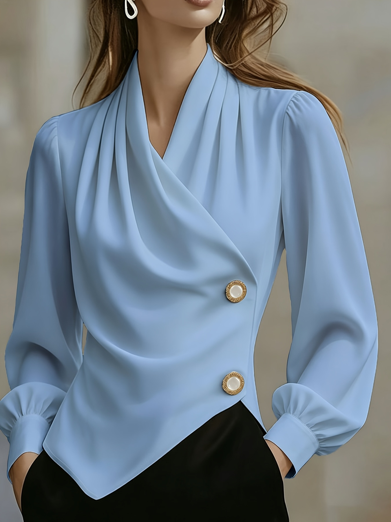 Crossover-collar Waist-cinching Asymmetrical Pearl-buttoned Slimming Versatile Long-sleeve Blouse photo 6