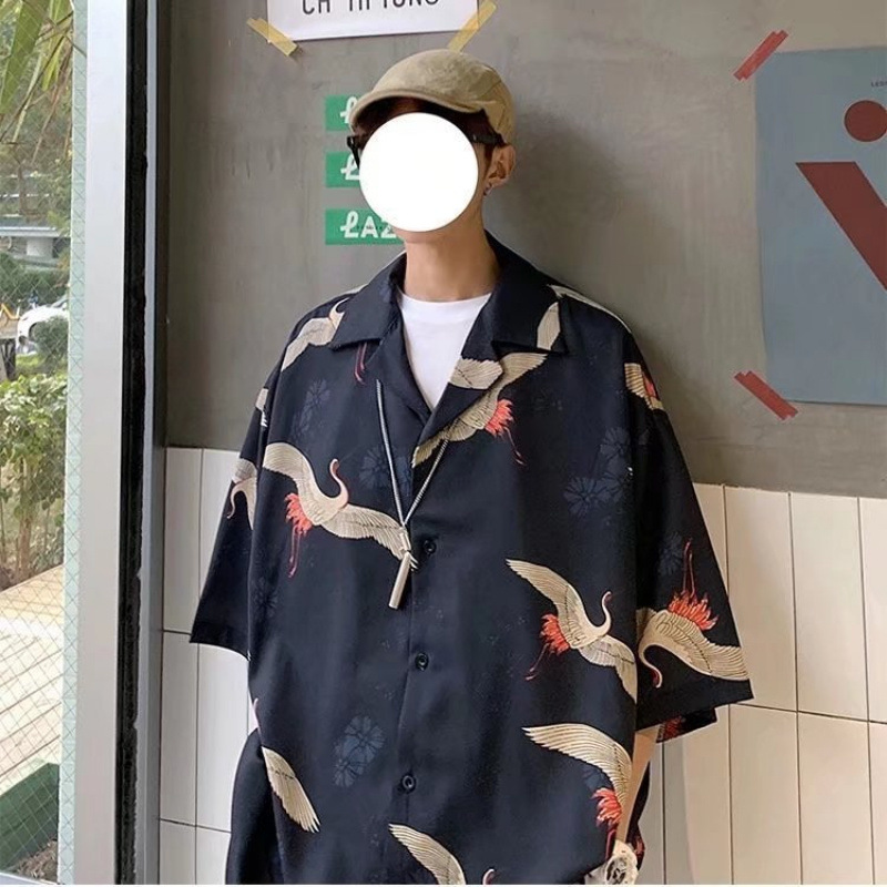 Men's Short-sleeve Shirt Summer Chinese-style Trendy Crane-printed Oversized Beach Shirt For Couples photo 6
