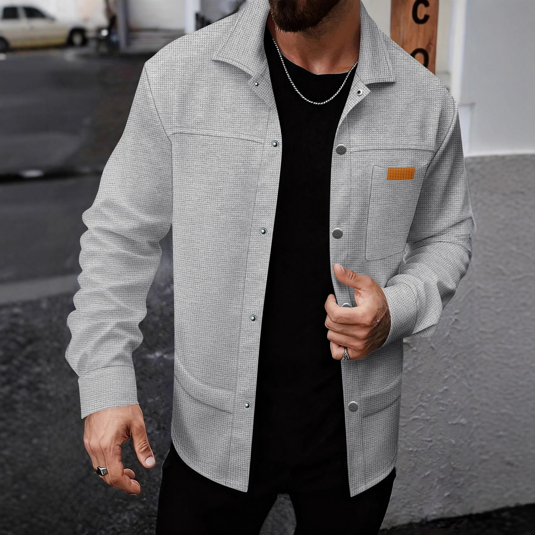 Solid-color Lapel-pocket Button-front Workwear Casual Long-sleeved Shirt photo 7
