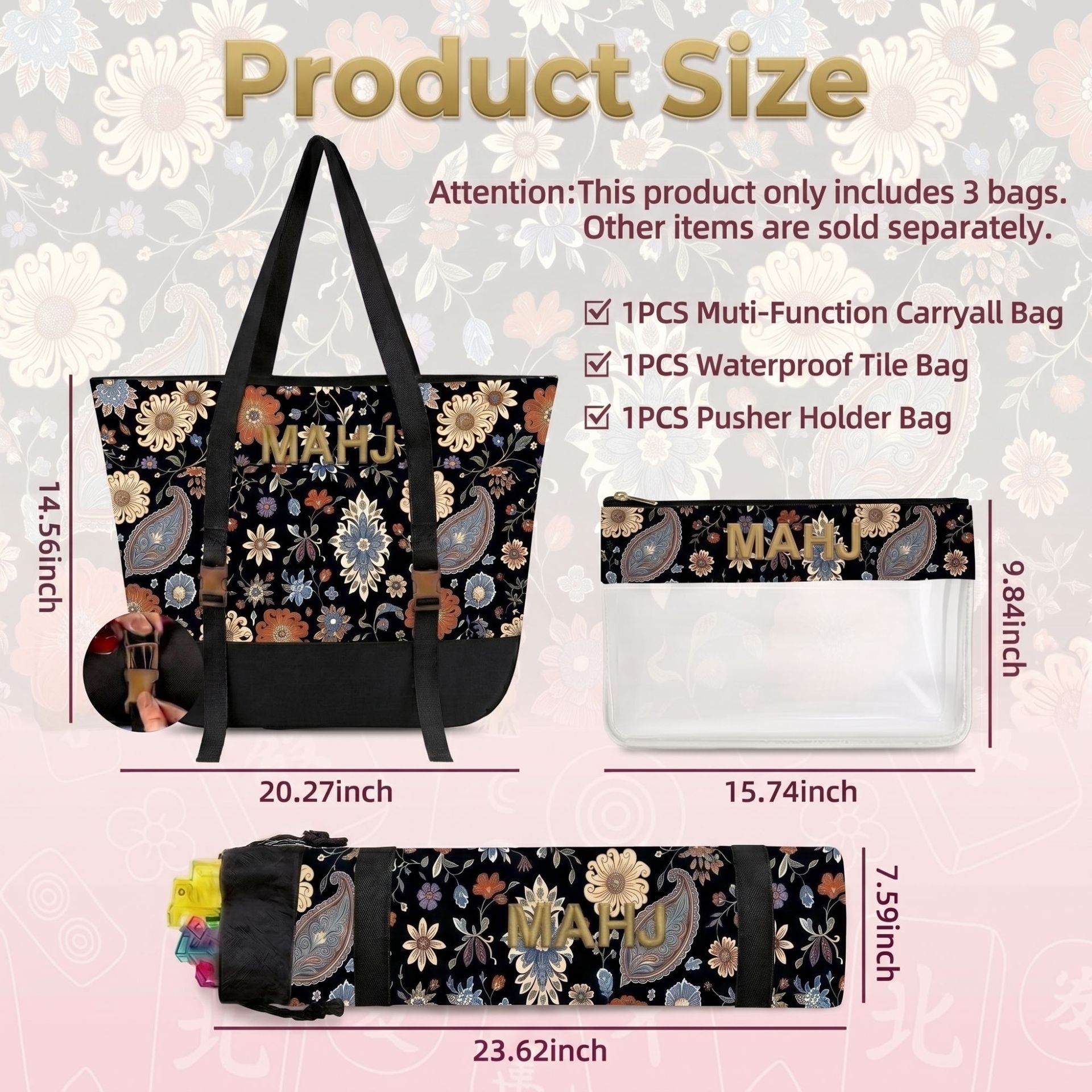 Retro Paisley Floral Embroidered Mahjong Storage Three-Piece Makeup Bag Set photo 2