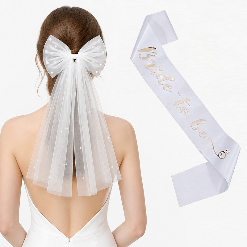 Bridal Veil With Pearl Bow Hair Clip And Gold-stamped Sash Set For Bachelorette Parties photo 2