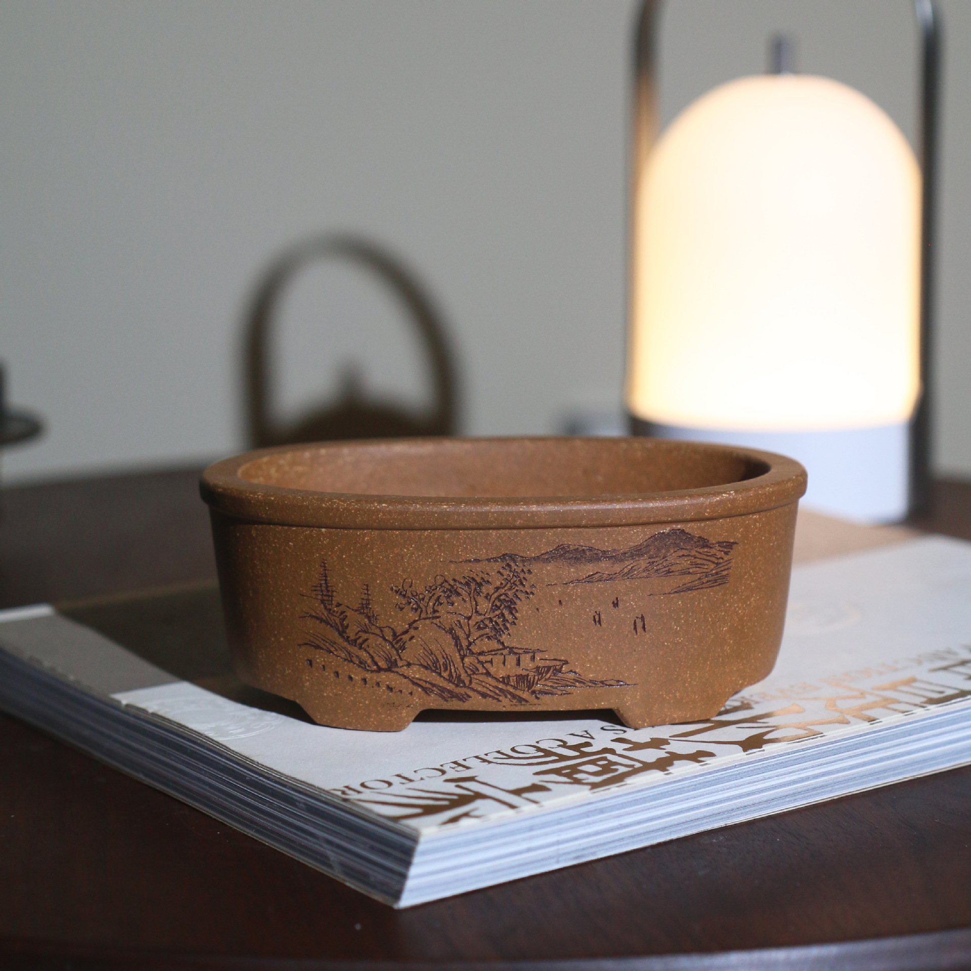 Oval Hand-engraved Dihua Clay Desktop Yixing Flower Pot photo 4