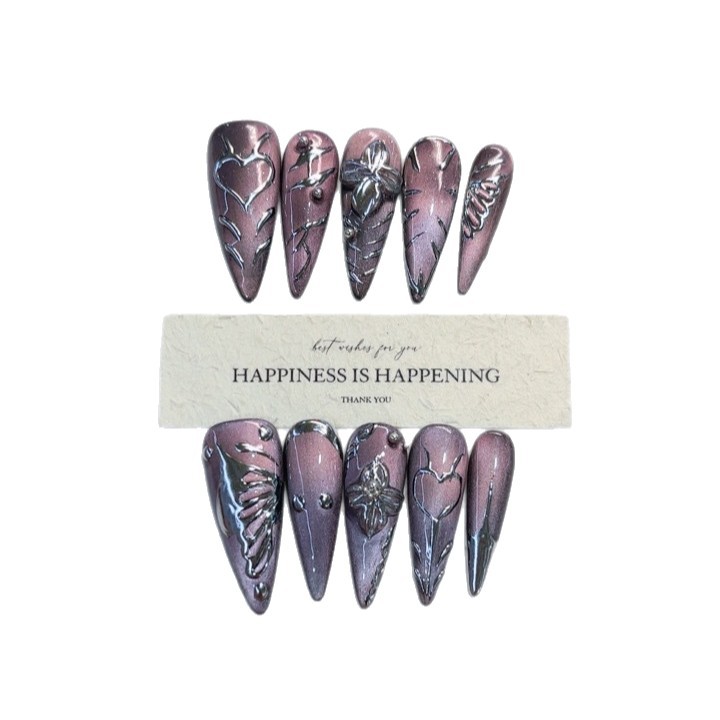 New Autumn Winter Fully Hand Painted Carved Design Elegant Nail Tipspurely Handmade Wear On Nails photo 4