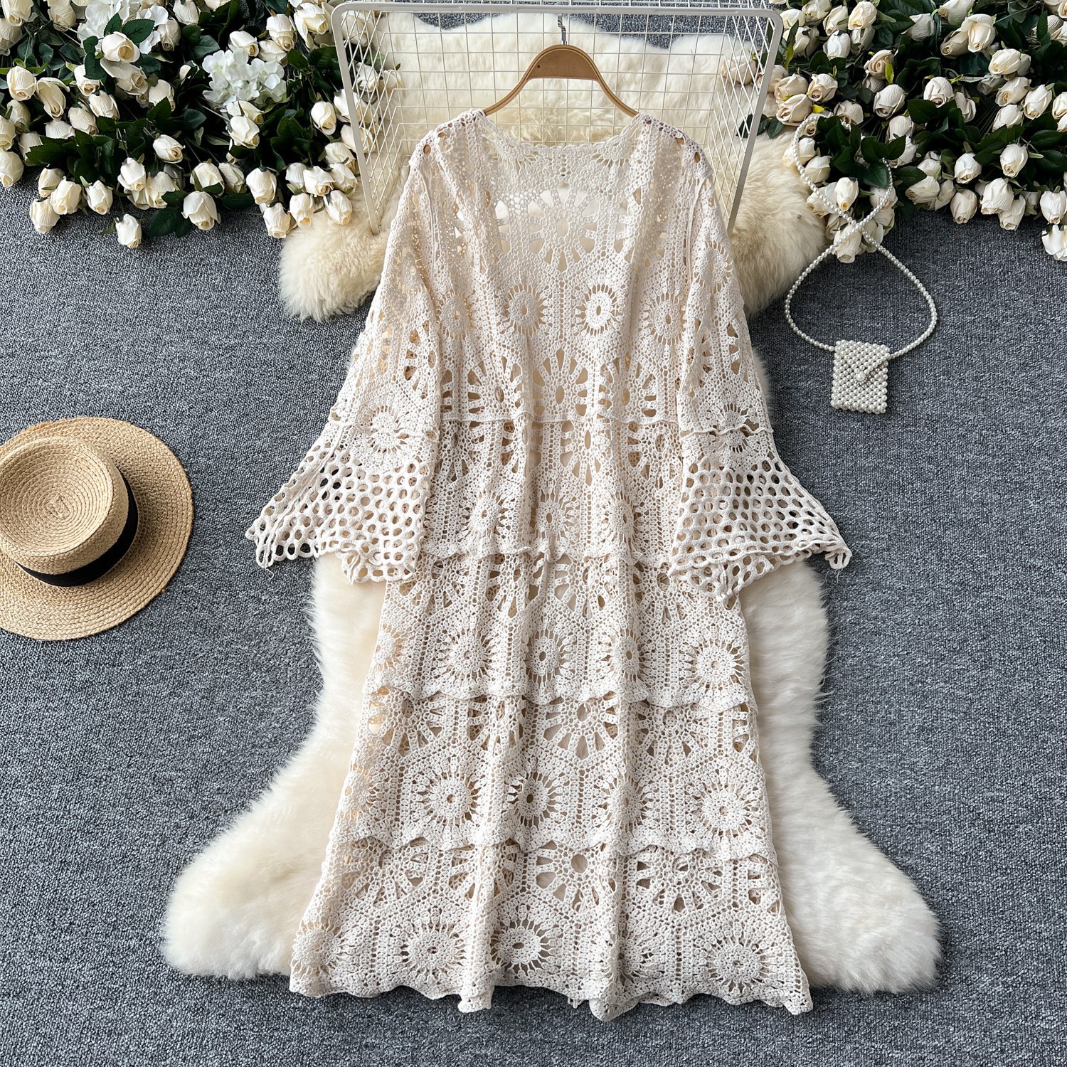 Versatile Slimming Hollow-out Crochet Knit Cardigan Womens Resort-style Outerwear Shawl photo 2